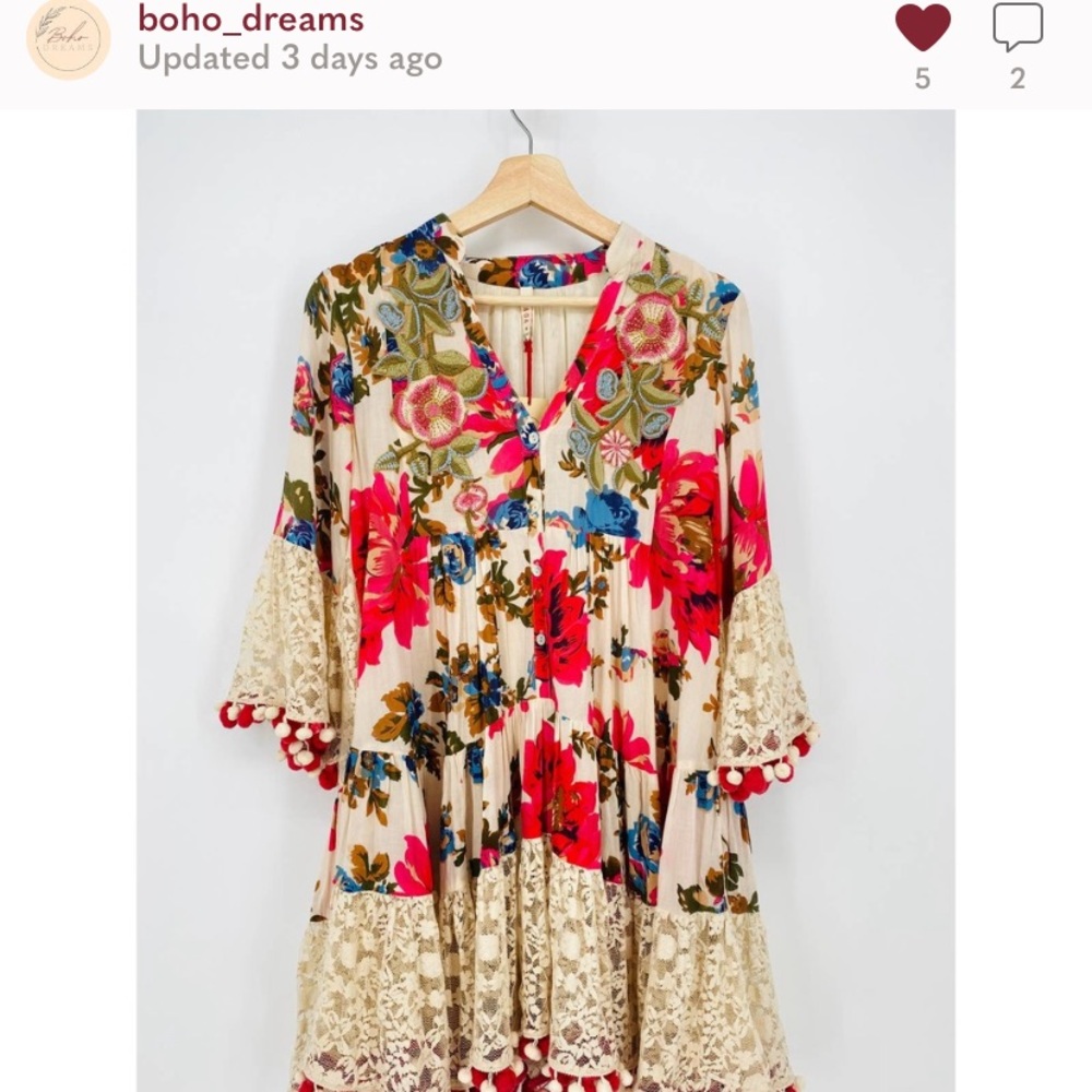 Raga Cream Floral V-Neck Lace Pom Pom Boho Dress